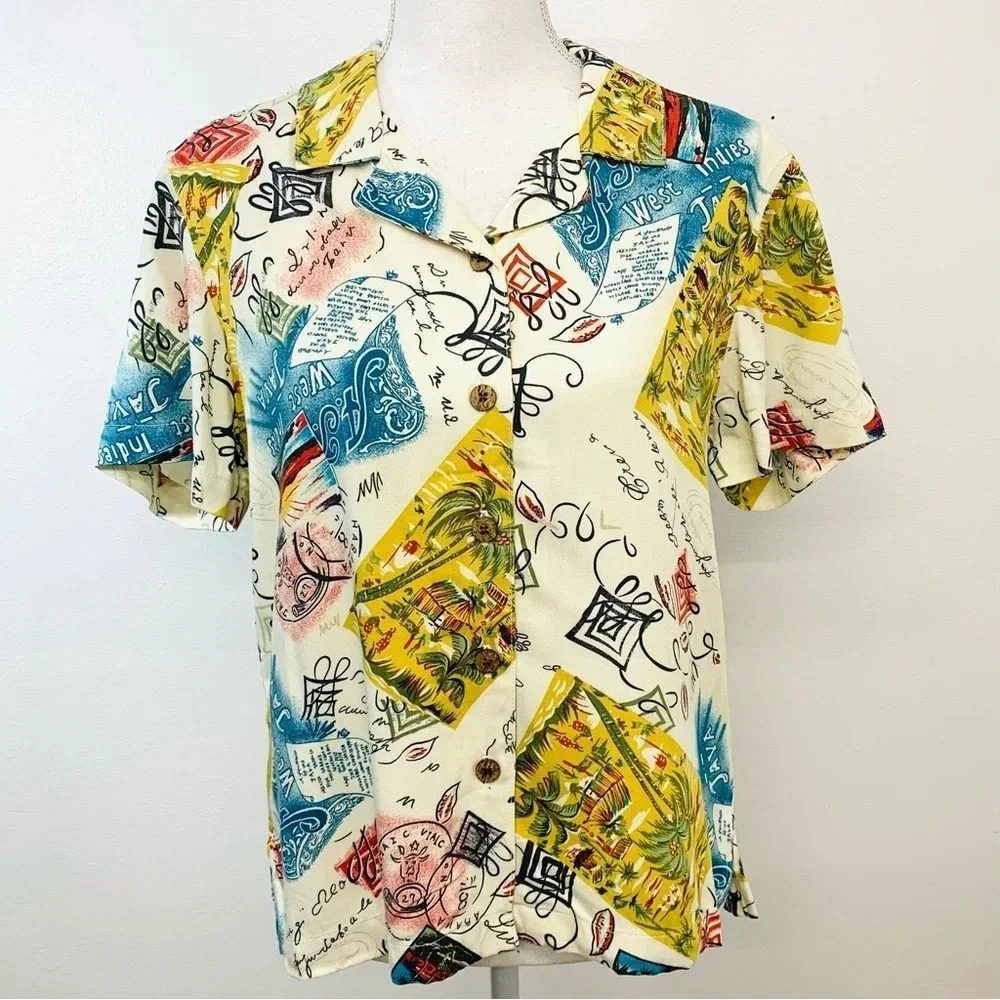 Havana Jacks Cafe Shirt Blouse Woman Medium Novelty Print Short Sleeve Tropical‎